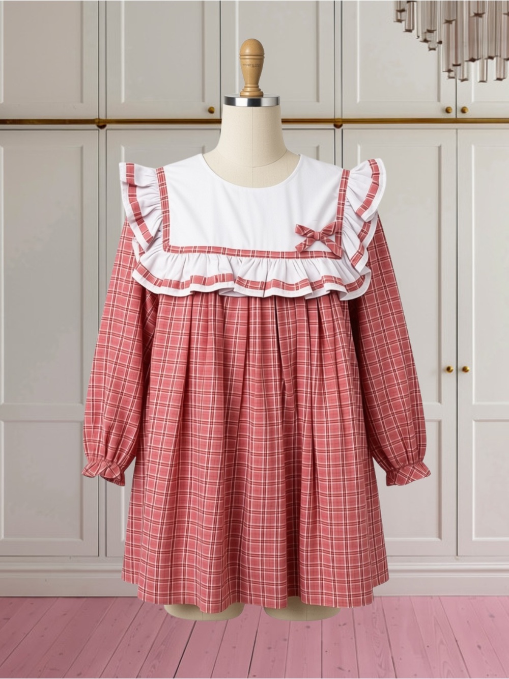 Smockingbird Pink & Red Plaid Long Sleeve Dress with Ruffle Bin Collar Size 4
